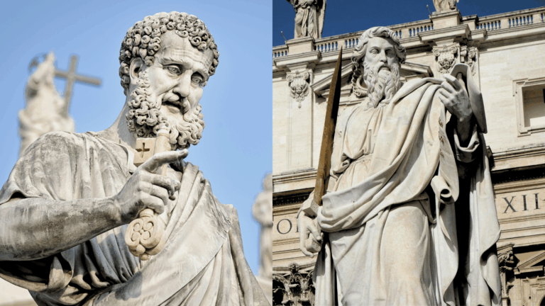 Montagem com duas fotos das imagens de São Pedro e São Paulo, em concreto, que estão presentes na Praça São Pedro, no Vaticano