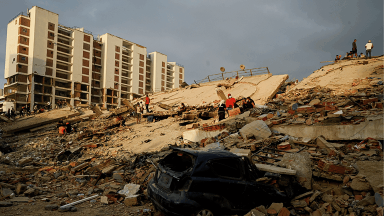 Um veículo danificado encontra-se em meio aos escombros enquanto as operações de resgate prosseguem após terremotos atingirem o país, em La Guaira, Venezuela.