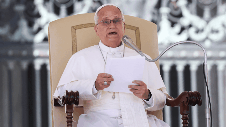 A foto mostra o Papa Leão XIV com suas habituais vestes brancas sentado na tradicional cadeira utilizada para a Audiência Geral (uma cadeira bege com braços de madeira). O Papa está sentado diante de um microfone e segura um papel nas mãos.