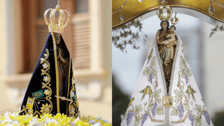 Imagens de Nossa Senhora Aparecida e Nossa Senhora de Nazaré, ambas coroadas e revestidas com mantos ornamentados.