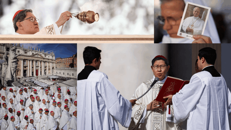 Montagem mostra o Cardeal Luis Antonio Tagle presidindo celebração na Praça São Pedro, no Vaticano, além de bispos reunidos e uma religiosa segurando imagem do Papa Leão XIV.